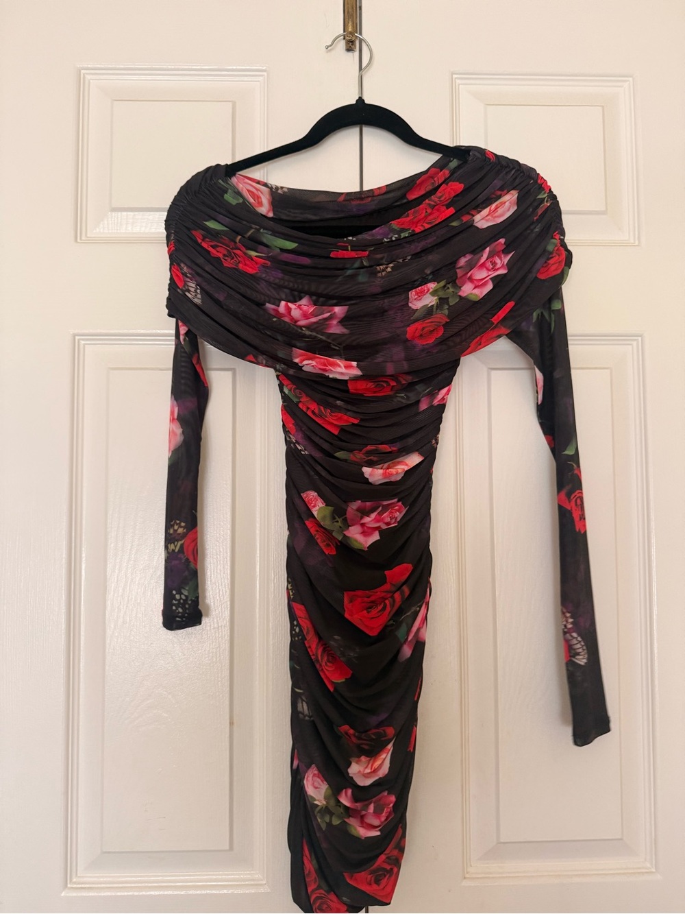 AFRM Black Mini Dress with Red & Pink Rose Print